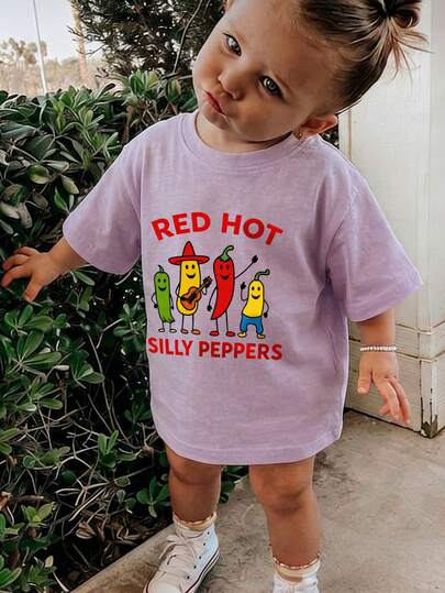 1pc Baby Girls' Creative Cartoon Decor Letter Slogan Print Basic Round Neck Short Sleeve T-Shirt, Casual & Fashionable Baby Girl Clothing