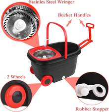 Spin Mop Bucket, Spin Mop Bucket System With 2 Mop Heads, Stainless Steel Mop Cleaning Bucket For Floor Cleaning - 黑紅 - 查看 4