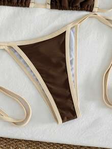 Women's Leopard Print Patchwork Spaghetti Strap Tankini Top And Bottom Casual Swimwear Set, Summer Vacation Beach - Brown 1 - View 6