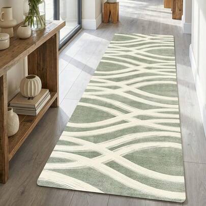 1 pieza Alfombra larga de terciopelo con patrón curvo de color verde refrescante, adecuada para entrada, lavandería, pasillo, corredor, escalera, dormitorio, cocina, sala de estar y comedor, tapete largo de moda, alfombra de área, decoración del hogar para todo el año, felpudo, fácil de limpiar, suave y cómoda, duradera antideslizante, ideal para pasillo, corredor, dormitorio, alfombra de cocina, alfombra de mesita de noche, decoración del hogar, decoración de cocina