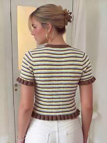Women's Summer Striped Patchwork Round Neck Metal Button Short Sleeve Knit Top, Cute Retro Casual Ruffle Trim, Suitable For Daily Dates And Photography, Striped Knit Sweater, Yellow Striped Knit Sweater, Summer Clothing, Multi-Color Striped Knit Sweater - Yellow Brown - View 6