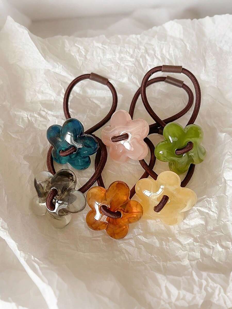 6个多巴胺发圈 - 奢华亚克力花朵发圈 - 复古弹力发绳配饰 - 彩色 - 查看 1