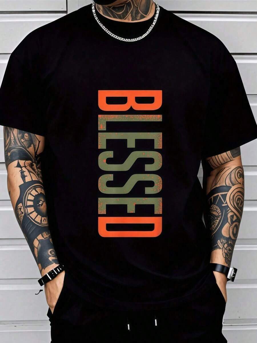 Camiseta Gráfica 3D para Hombre - Camiseta con Letras Naranja y Verde Intensas, Tejido Transpirable de Elasticidad Media, Lavable a Máquina, Ropa Casual Urbana para Gimnasio, Playa y Uso Diario - Top de Manga Corta con Cuello Redondo y Ajuste Cómodo - Negro - Ver 1