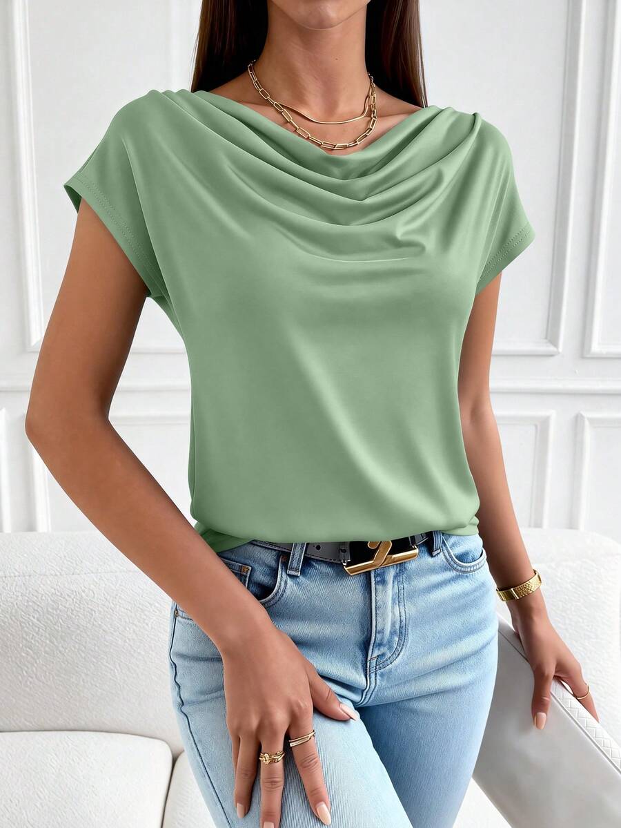 PRETTYGARDEN Women's Summer Clothes Tops Dressy Casual Clothing Cowl Neck Short Sleeve Blouses Business Work Office Shirts Tops For Women - 鼠尾草綠 - 查看 1