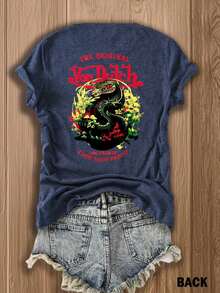 Summer TopsDouble-Side 1pcs Women's Apricot Crew Neck T-Shirt Vintage Streetwear Style Van Dutch Logo And Dragon Graphic Print Short Sleeve Summer Breathable Tee Ideal For Daily Wear Family Gatherings Summer Trips And Festive OccasionsLoose And Comfortablesummer Clothes Summer Outfits For Women - 藏蓝色 - 查看 3