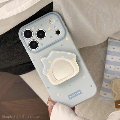 蓝色镜面支架手机壳，兼容 17 Pro Max、15、13、16，简约星形设计