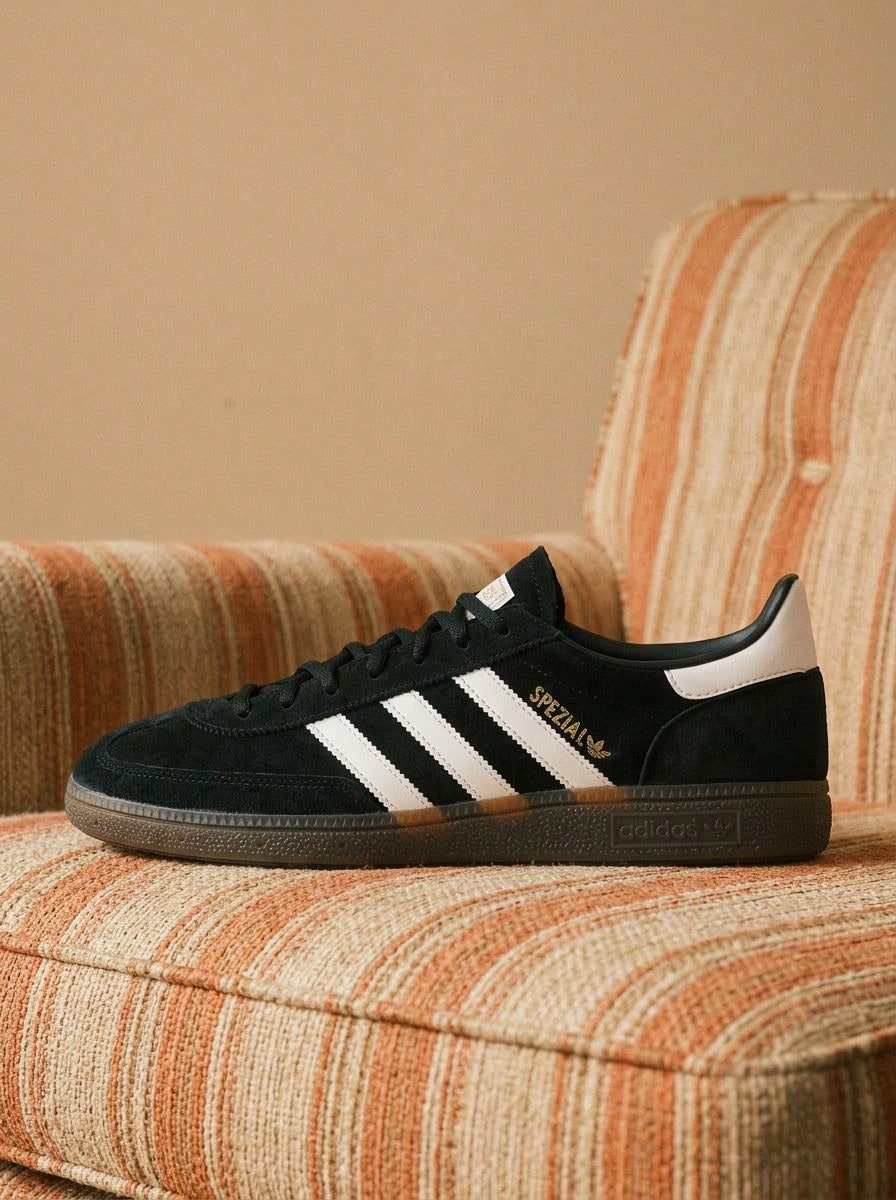 Adidas Giày nữ Handball Spezial phong cách thường ngày, nhẹ, đệm êm, thoáng khí, thoải mái, đế dày, có logo, chất liệu da lộn thân thiện với da, đa năng, dùng hàng ngày, tập gym, đi làm, sau giờ làm, giải trí, du lịch, hẹn hò DB3021 - Lõi đen/Trắng mây/Keo - Xem 1