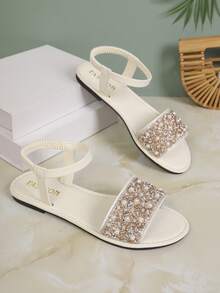 1 Pair Milky White Pearl & Rhinestone Embellished T-Strap Sandals, Luxurious Slip-Resistant Flat Sandals, Suitable For Teenagers Party And Casual Wear In Summer - White - View 8