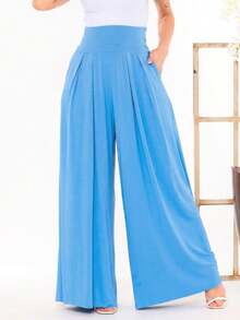 Wide-Leg, Loose-Fitting Palazzo Pants In Viscose/Lycra Knit Fabric With A Wide Waistband And High Waist And Pleats. - Baby Blue - View 4