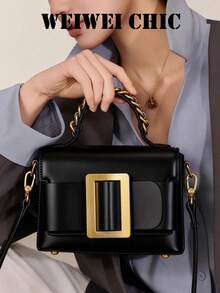 Nuevo bolso cuadrado pequeño y elegante hecho de material de PU con correa de hombro ajustable y asas de metal. Es un bolso elegante adecuado para mujeres trabajadoras, maestras, estudiantes y mujeres jóvenes. Es perfecto para ir al trabajo, a la escuela, salidas diarias, vacaciones, citas y compras. - Negro - Ver 6