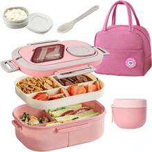 Lunch Box , Bento Box Adult With 2-Tier Container, Lunch Bag, Sauce Pod, Utensil Set. Lunch Containers, Salad Container. Microwave/Dishwasher (Pink) - Pink - View 1