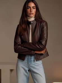 Giolshon Women's Autumn/Winter PU Leather Jacket, Street Style Design With Zipper Pockets, Suitable For Urban Commuting And Travel, Combining Fashion And Practicality - Dark Brown - View 5