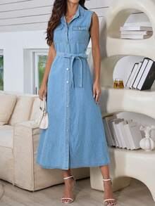 Đầm denim không tay cài cúc dáng dài ngang gối dành cho nữ, cổ áo và có túi, kiểu dáng chữ A thắt dây thoải mái, thích hợp cho mùa xuân. - Rửa nhẹ - Xem 2
