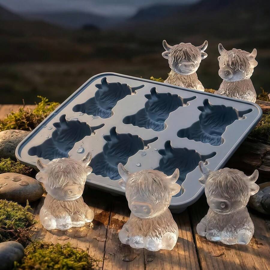 Reusable Cute 3D Highland Cow Silicone Ice Cubes Mold, 6-Cavity Non-Stick Tray, Lovely Mini Calf Ice Maker Mold, Perfect For Whiskey, Cocktails, Beer, Baking Chocolate And Party Decorations