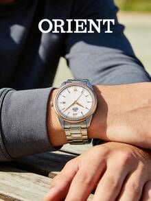 Orient 男士自动机械腕表，玫瑰金银色表带，白色表盘，罗马数字日期显示，现代奢华腕表，情人节、婚礼庆典的绝佳礼物 - 玫瑰金+銀 - 查看 3