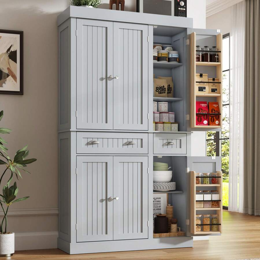 71" Tall Kitchen Cabinet Pantry Storage,Modern Kitchen Hutch Cabinet With Doors And Adjustable Shelves,Large Freestanding Food Pantry With 2 Drawer For Dining Room, Living Room, Hallway - Xám - Xem 1
