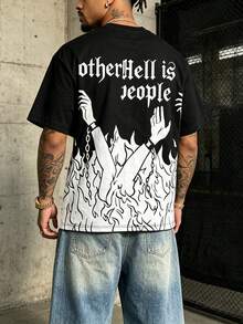 Men's Casual Flame Digital Print Short Sleeve T-Shirt, Street Style Round Neck Loose Fit T-Shirt Suitable For Daily Commute And Dating, Summer - Black - View 2