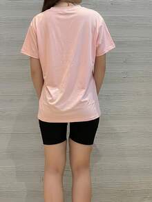Black Loose Casual Drop Shoulder Short Sleeve T-Shirt Sports - Pink - View 6