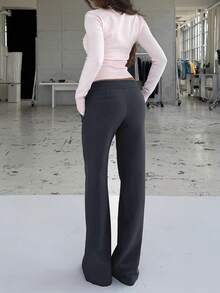 Women's Slimming Low Waist Flared Suit Pants With Drawstring Decor, Low Waist Cut And Draped Flared Leg, Suitable For Commuting, Office Wear Or Spring/Autumn Mature Style - Dark Grey - View 3