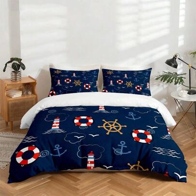 Bộ ga trải giường 3 món in kỹ thuật số độ phân giải cao, phong cách Ins, họa tiết hoạt hình hàng hải tươi mới với hình ngọn hải đăng, bánh lái, phao cứu sinh và chim mòng biển. Bộ gồm 1 vỏ chăn và 2 vỏ gối, phù hợp cho phòng ngủ, phòng khách, trang trí nhà cửa, phù hợp với nhiều phong cách trang trí khác nhau. Chất liệu polyester, siêu mềm mại và thân thiện với da, thoáng khí cho mọi mùa, có thể giặt máy, chống phai màu và biến dạng.