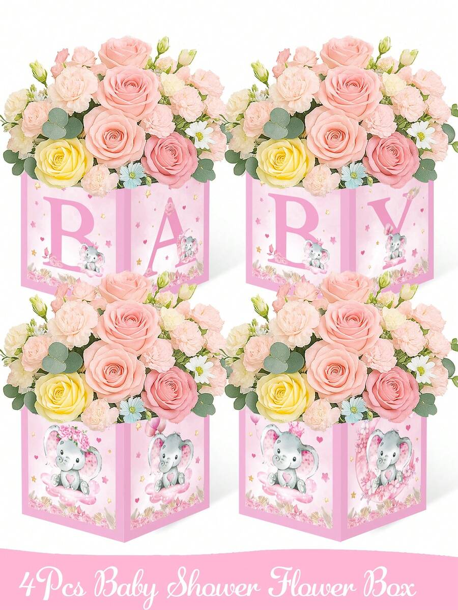 Conjunto de 4 caixas de flores rosa e azul com estampa de elefante, ideais para arranjos florais em chá revelação, centros de mesa para chá de bebê, decoração de mesa para festa de 1 ano, adereços para fotos, perfeitas para arranjos de flores DIY, presentes e decoração de casa. Caixas de papelão resistentes, design minimalista, artigos para festa de bebê e lembrancinhas.