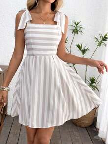 Vestido camisola con lazo frontal a rayas casual para mujer, vestidos de verano para vacaciones, vestidos de verano europeos, vestidos fluidos de streetwear casual para mujer - Multicolor 3 - Ver 10