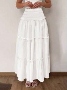 Falda larga con estampado floral y volantes, estilo versátil para vacaciones - blanco - Ver 3