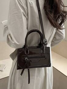 2026 New Solid Color PU Patchwork Zipper Handbag, Minimalist Fashion Outdoor Personalized Small Square Bag, Versatile Shoulder Crossbody Bag With Adjustable Strap - Coffee - View 7