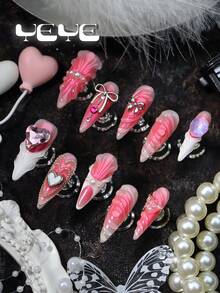 10pcs Press On Nails Stiletto Pink,White French Tips,Pink Heart Nail Gems,Bowknot,Butterfly,Gold Flora,Baddie Girls Full Coverage Acrylic Press On Nails Y2K Set,Rock Nail Art For Women And Girls,Nail Supplies For Festivals,Daily,Party,Wedding - Pink - View 3