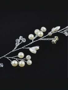 1pc Pearl & Rhinestone Flower Headband Hair Chain, Elegant Wedding/Party Hair Accessory For Girl - White - View 6