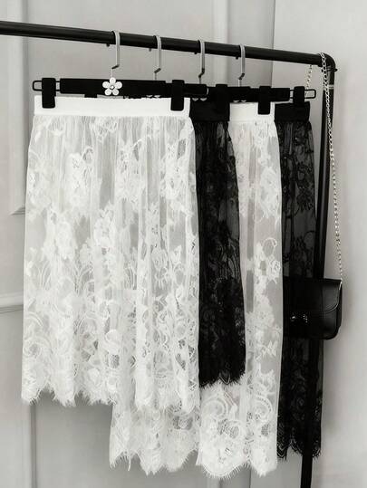 1-Pack Women's Mid-Length Lace Sheer Skirt, Elegant High Waist Floral Lace Half Skirt, Elastic Adjustable Waist Beach Hip Cover Skirt, Suitable For Spring Autumn Winter & Sweatshirt Matching