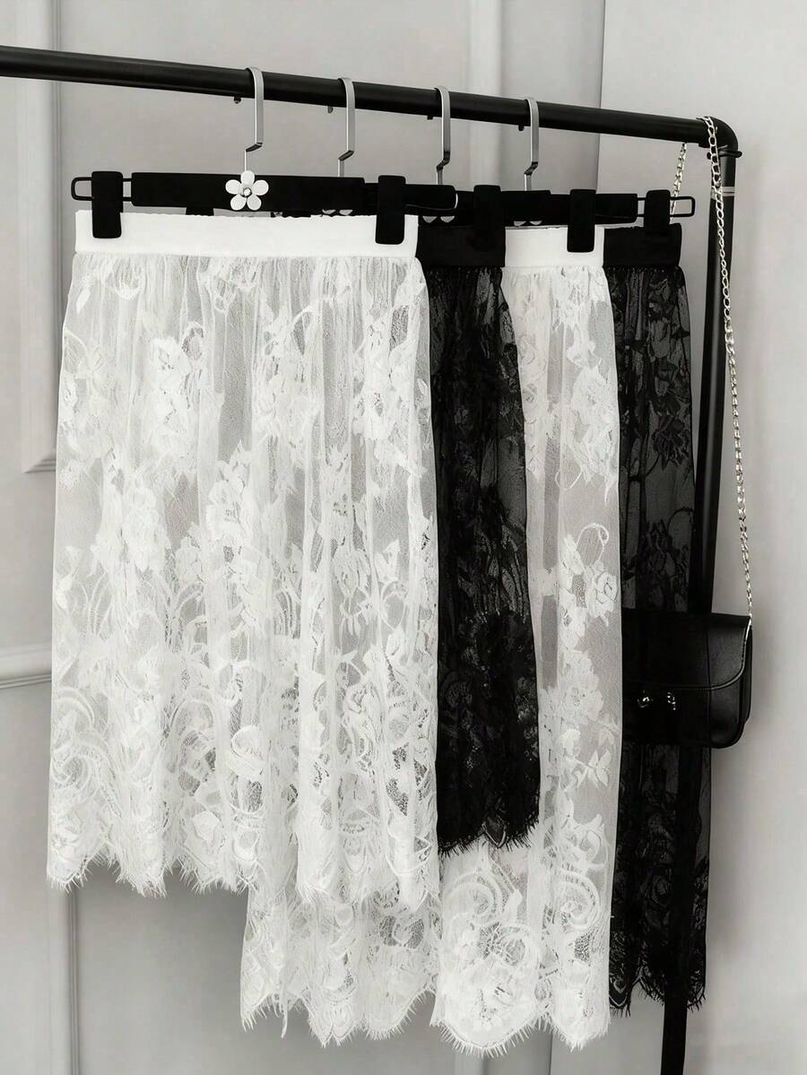 1-Pack Women's Mid-Length Lace Sheer Skirt, Elegant High Waist Floral Lace Half Skirt, Elastic Adjustable Waist Beach Hip Cover Skirt, Suitable For Spring Autumn Winter & Sweatshirt Matching - Multicolor - View 1