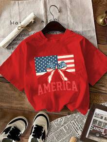 1 Pack Girls Casual Printed Crew Neck Short Sleeve T-Shirt Summer Student Youth Clothing - Đỏ 4 - Xem 1