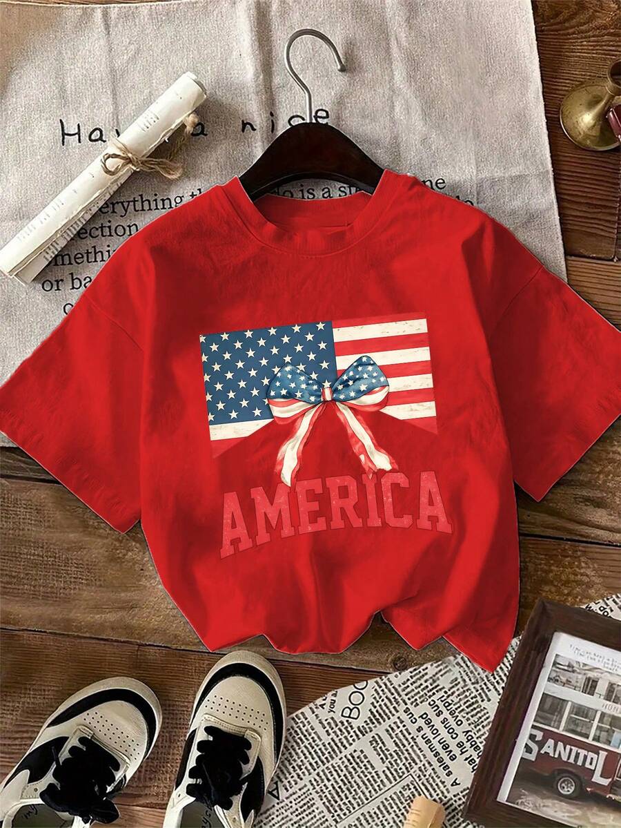 1 Pack Girls Casual Printed Crew Neck Short Sleeve T-Shirt Summer Student Youth Clothing - Đỏ 4 - Xem 1
