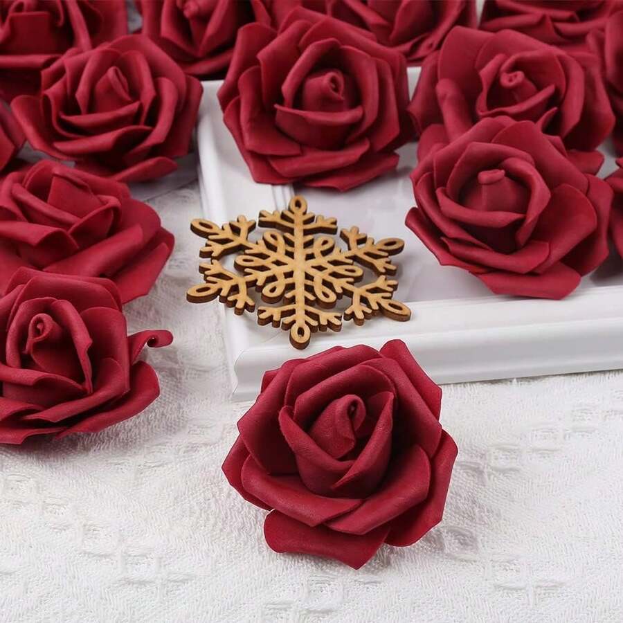 20PCS Artificial Rose Flower Heads Real Looking Foam Fake Roses For DIY Wedding Baby Shower Centerpieces Arrangements Party Tables Home Decorations Spring Decor Room Decoration, Valentine's Day Gift - Burgundy - View 1