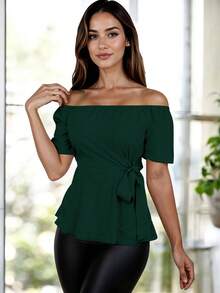 ZTSO Fashionable Off-Shoulder Blouse With Belt - Green - View 12