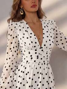 Elegante vestido marrón con lunares, cuello en V y mangas abullonadas, para vacaciones en la playa, días festivos, salidas diarias y fiestas de boda - Blanco - Ver 4