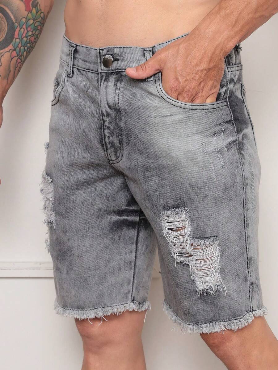 Men's Colorful Ripped Denim Shorts - Gris - Ver 1