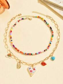 Bộ 2 chiếc vòng cổ mặt dây chuyền phong cách Bohemian, ngẫu nhiên hình ngọc trai, trái tim, cầu vồng, môi, vỏ sò, thích hợp cho các dịp lễ, tiệc tùng và đeo hàng ngày. - Màu hỗn hợp - Xem 3