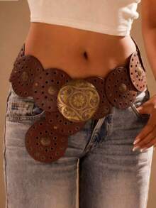 1pc Brown Bronze Metal Eyelet PU Round Cake Fashion Belt, Oval Metal Buckle, Popular Bohemian Style, Suitable For Daily Wear - Oval Buckle Brown - View 8