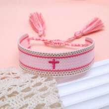1pc Embroidered Cross Boho Handmade Woven Tassel Bracelet - Pink - View 6