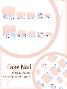 Conjunto de 48 adesivos de unhas retangulares e quadrados, com estampas elegantes de flores, listras azuis, laços, bolinhas pretas e francesinha branca. Unhas postiças de cobertura total, ideais para mulheres e meninas, perfeitas para festas de verão, trabalho e uso diário. Inclui 2 cartelas de cola, 2 mini lixas de unha e cola em gel (cor aleatória). - Multicolorido - Ver 4