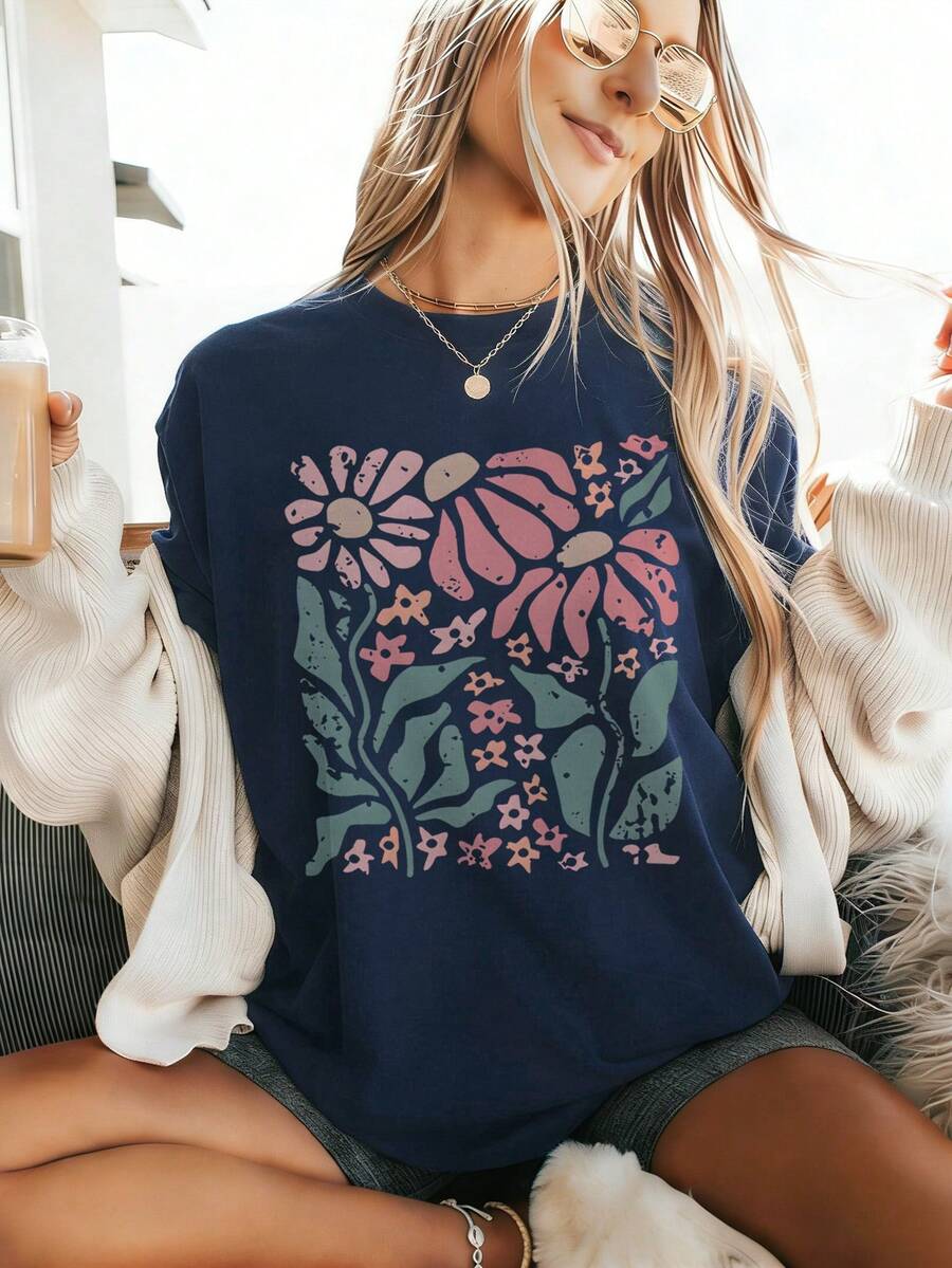 Boho Daisy Flower Tee Shirt  Botanical Tee Boho Tee Wildflower Shirt Plant Shirt Retro Floral T-Shirt Gardener Gifts  Women's Casual Oversized Floral Print T-Shirt, Short Regular Sleeve Round Neck Tee With Slight Stretch Fabric For Summer Party Style - 藏蓝色 - 查看 1