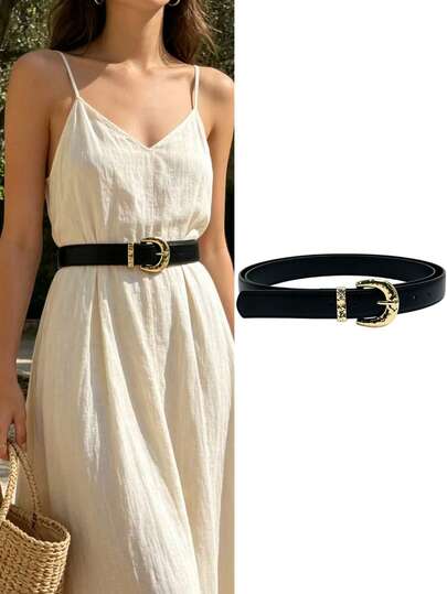 女士纤细真皮腰带，配闪亮金色扣环，休闲朋克复古派对优雅街头风，适合搭配牛仔裤、连衣裙和女士服装，时尚腰带