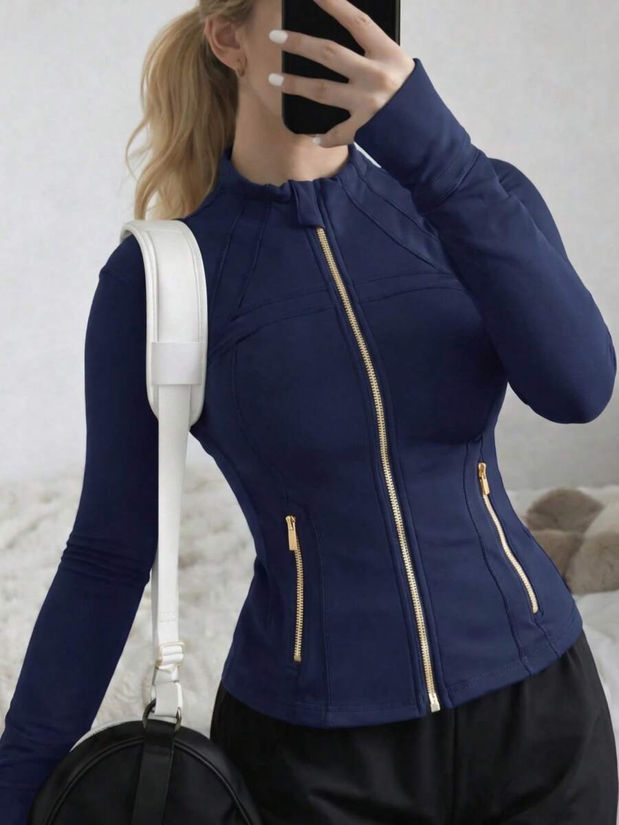Women's Slim Fit Workout Jacket Zip-Up 4-Way Stretch Thumb Hole Multi Pocket Athletic Activewear Top - True Navy/Gold - View 1