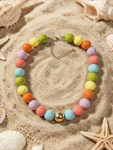1pc Bohemian Acrylic Round Geometric Beaded Handmade Necklace, Multicolor, Suitable For Summer Beach Vacation - Handmade Beaded Necklace - View 4