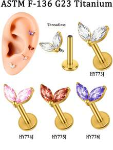 1 pieza Lindo Implante F-136 de Titanio con Dos Circonitas Marquesa en Forma de Hoja, Pendiente sin Rosca para Nariz, Labret, Hélix, Cartílago, Trago, Concha y Labio, Joyería Brillante para Uso Diario de Mujeres - 1 par de pendientes de rama de titanio - Ver 8