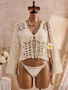 Women's Bohemian Hollow Crochet Knit Cover Up, V-Neck Tie Front Bell Sleeve Cropped Top, Beach Vacation Cover-Up Summer - Champagne - View 5