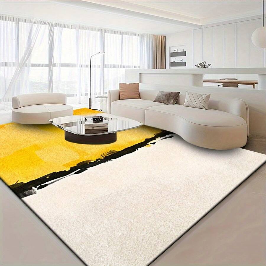 This Is A Soft And Thick Area Rug Made Of  , Featuring An Abstract Art Design Primarily In Yellow And White.It Is Machine Washable, Non-Slip, Comfortable, Lightweight, And Durable, Suitable For Bedrooms, Living Rooms, Offices, Indoors - 多色 - 查看 1