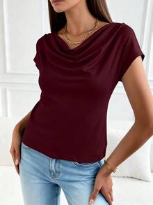 PRETTYGARDEN Women's Summer Clothes Tops Dressy Casual Clothing Cowl Neck Short Sleeve Blouses Business Work Office Shirts  Tops For Women - 酒紅色 - 查看 3